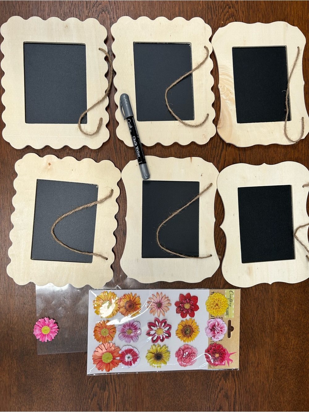 6 Wood Chalkboard Photo Frames w/Jute Hanger,1 sheet flowers,1 chalk writer pen.